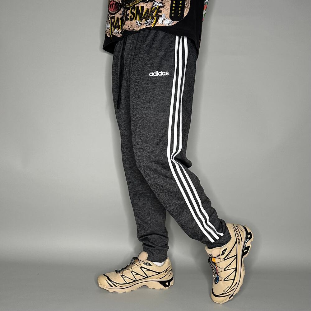 Vintage Y2K Adidas Sweatpants Mens L Dark Grey White 3 Stripes Polyester Joggers